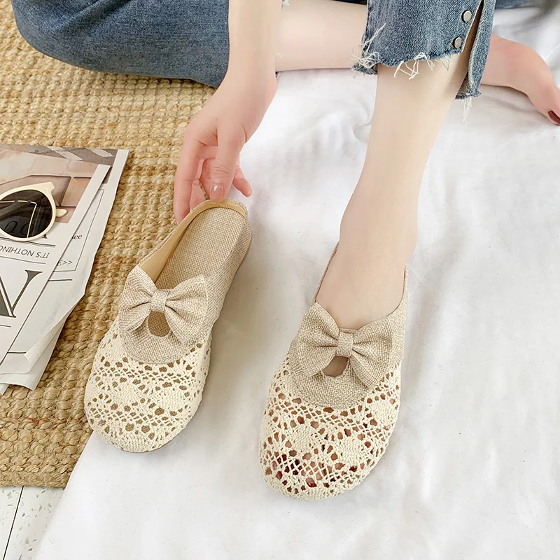 

Cover Toe Shoes Lace Slippers Casual Loafers Fretwork Heels Low Slides Slipers Women Luxury Flat 2022 Basic Rome Rubber Fabric P