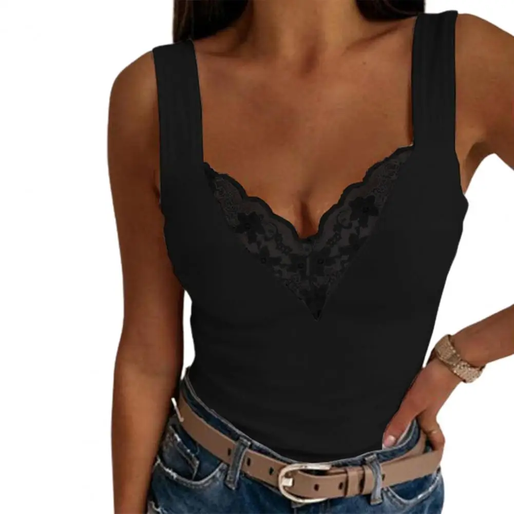 

Top Women 2022 Lace Patchwork Collar Deep V-neck Pullover Vest Sleeveless Sexy Solid Color Slim Camisole Top Female Clothing