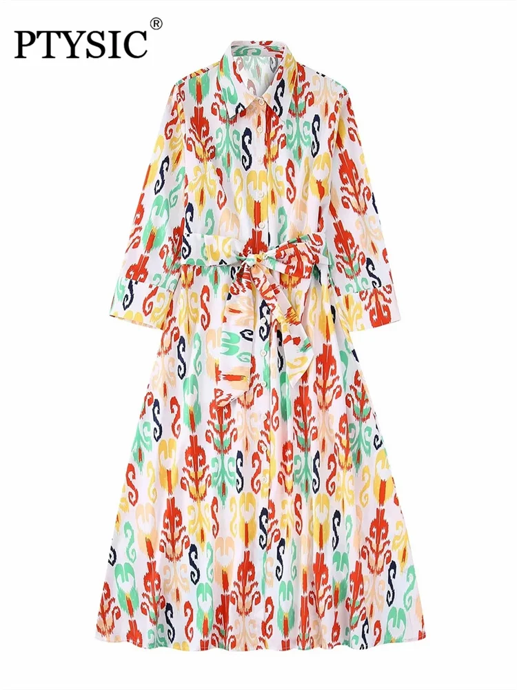 

PTYSIC женское элегантное платье миди с принтом однобортное с поясом с высокой талией с длинным рукавом осенние платья-трапеции