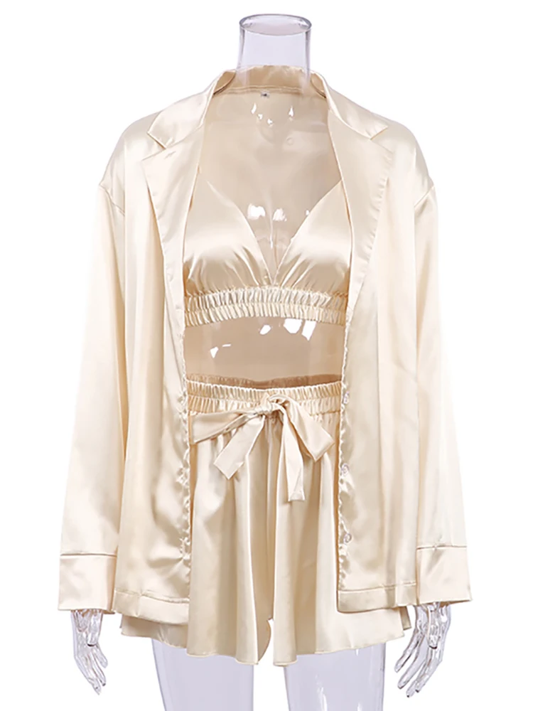 Restve Casual Sleepwear Women 3 Piece Set Long Sleeve Robe Spaghetti Strap Bra Sleeveless Female Night Suits With Shorts 2022