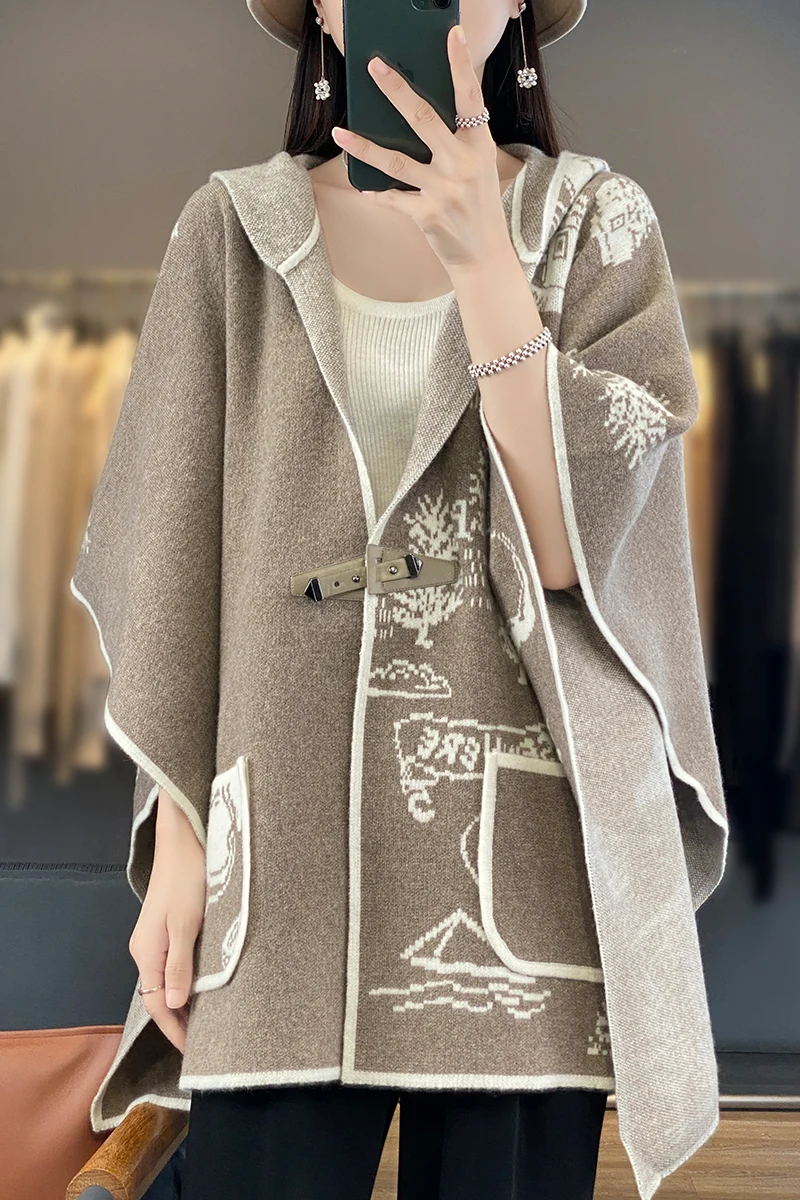 

Женский шерстяной свитер с капюшоном, повседневный Свободный вязаный кардиган с рукавом три четверти, большие размеры, Осень-Зима 100%