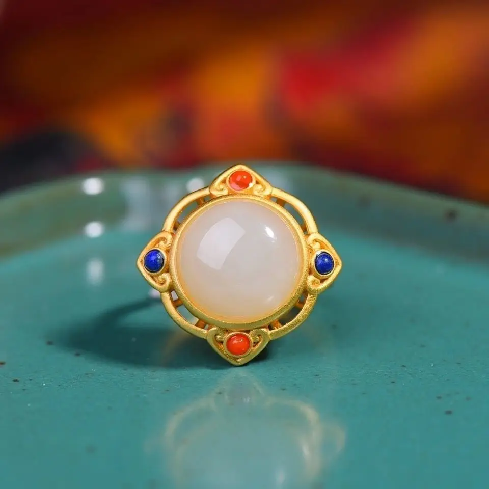 

Natural Hetian Jade Green Jade Sterling Silver Egg Surface White Jade Stylish and Simple Personality Refined Grace Ring Women's