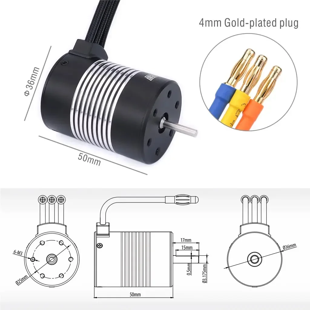 Фото RoRusRocket 3650 Waterproof Brushless Sensorless Motor 2300KV 3100KV 3500KV 4300KV 5900KV 5200KV 7700KV For 1/10 Tamiya RC Car №4