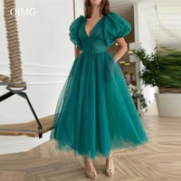 oimg vintage dark green dotted prom dresses midi length v neck puff sleeves buttons evening party gowns arabic women robe