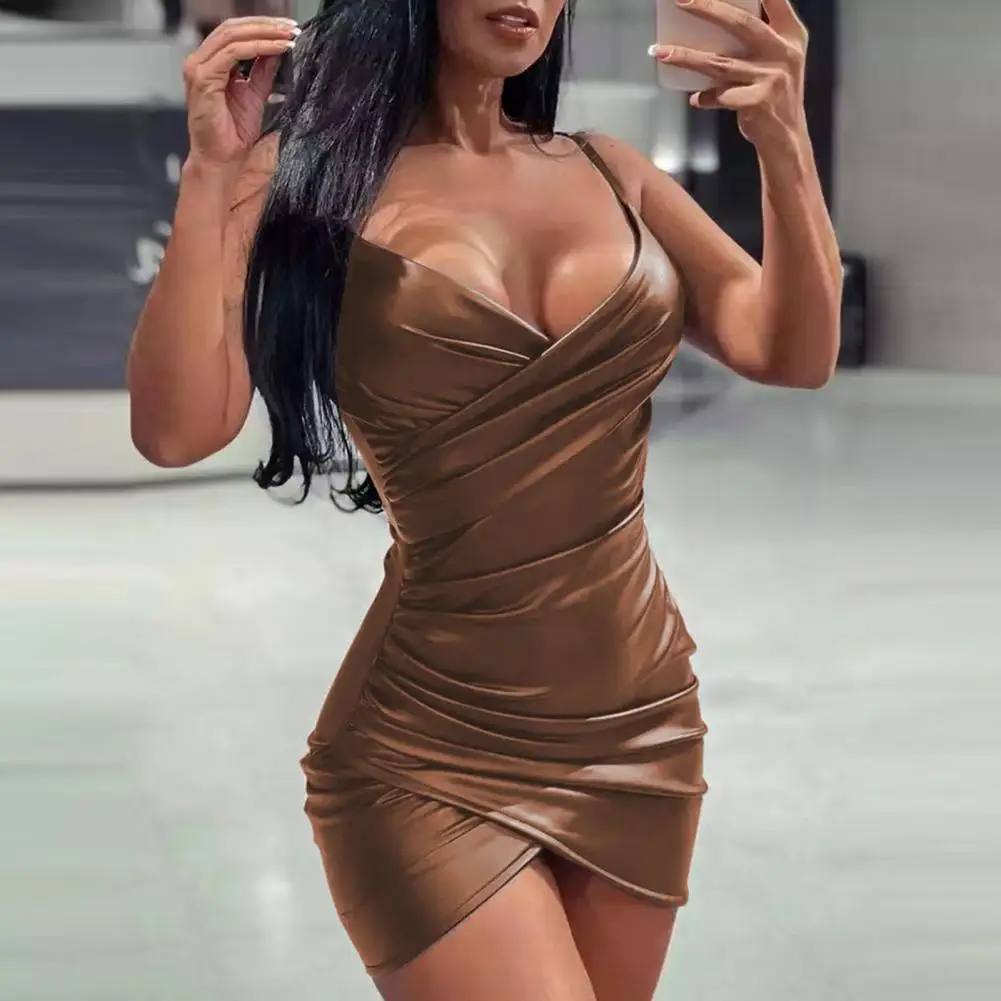 

Comfortable Trendy Sleeveless Pure Color Party Dress Ruched Women Dress Cool for Dating