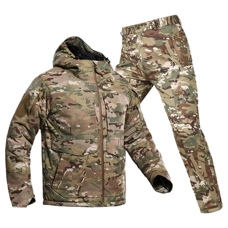 

New Men's winter thickened warm multi-pocket jacket+soft shell trousers military suit camouflage tactical hooded parker suit