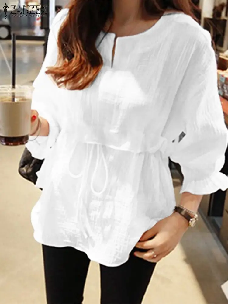 Блузка ZANZEA женская с пышными рукавами модный однотонный топ на завязках