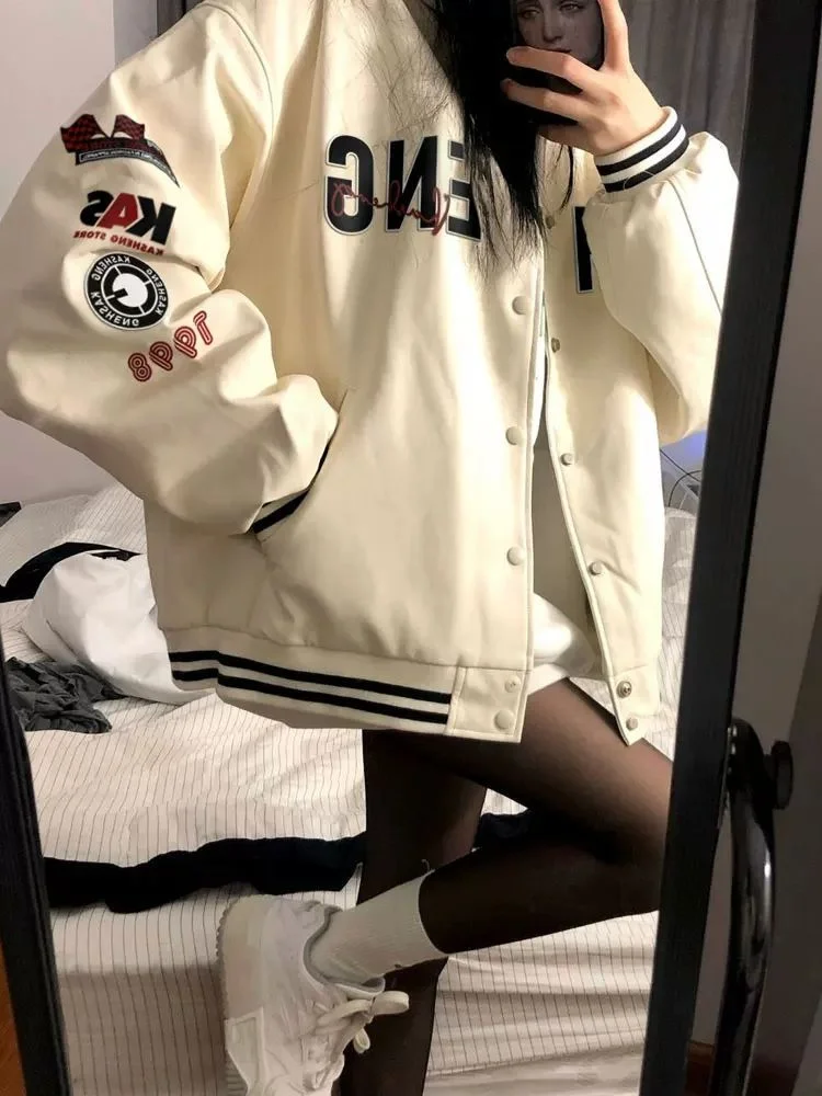 HOUZHOU Y2K Retro Beige Bomber Jackets Women Kpop Harajuku Korean Fashion Letter Oversize Baseball Jacket Female Vintage College