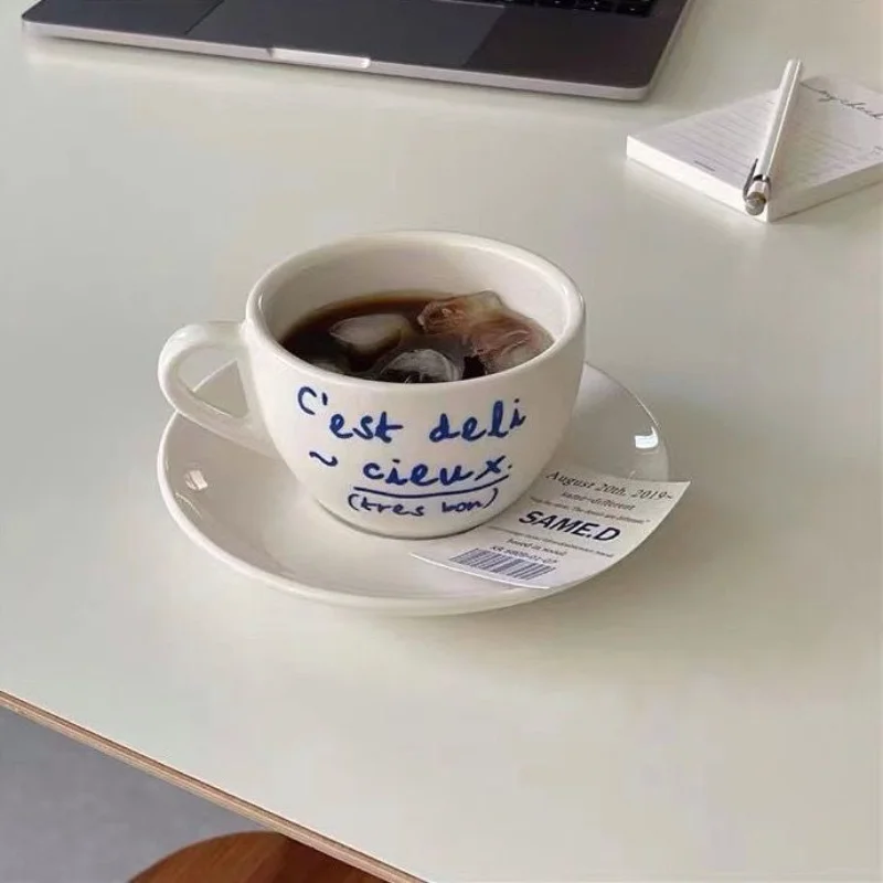 2022 New Korean style niche coffee shop simple blue letter ceramic mug and saucer set French retro romantic coffee cup milk cup