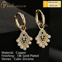 luxury exquisite insert with shiny zircon pearl drop earrings for women vintage hollow geometric copper 18k gold plating earring