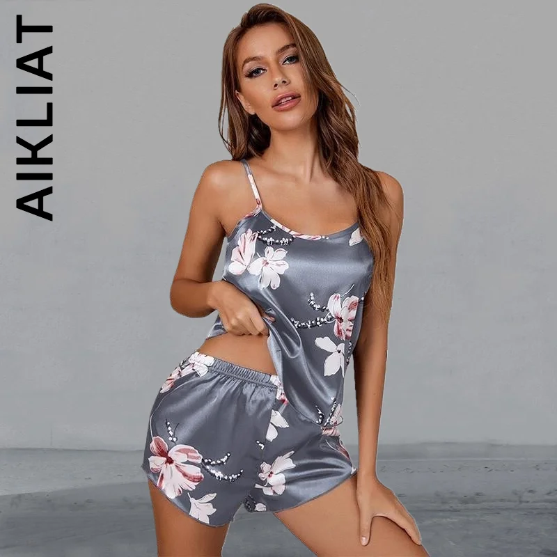 

Aikliat Women Summer Pajamas Sexy Satin Lace V-Neck Pyjamas Sleeveless Top and Shorts Pajama Set Casual Women Sleepwear Clothes