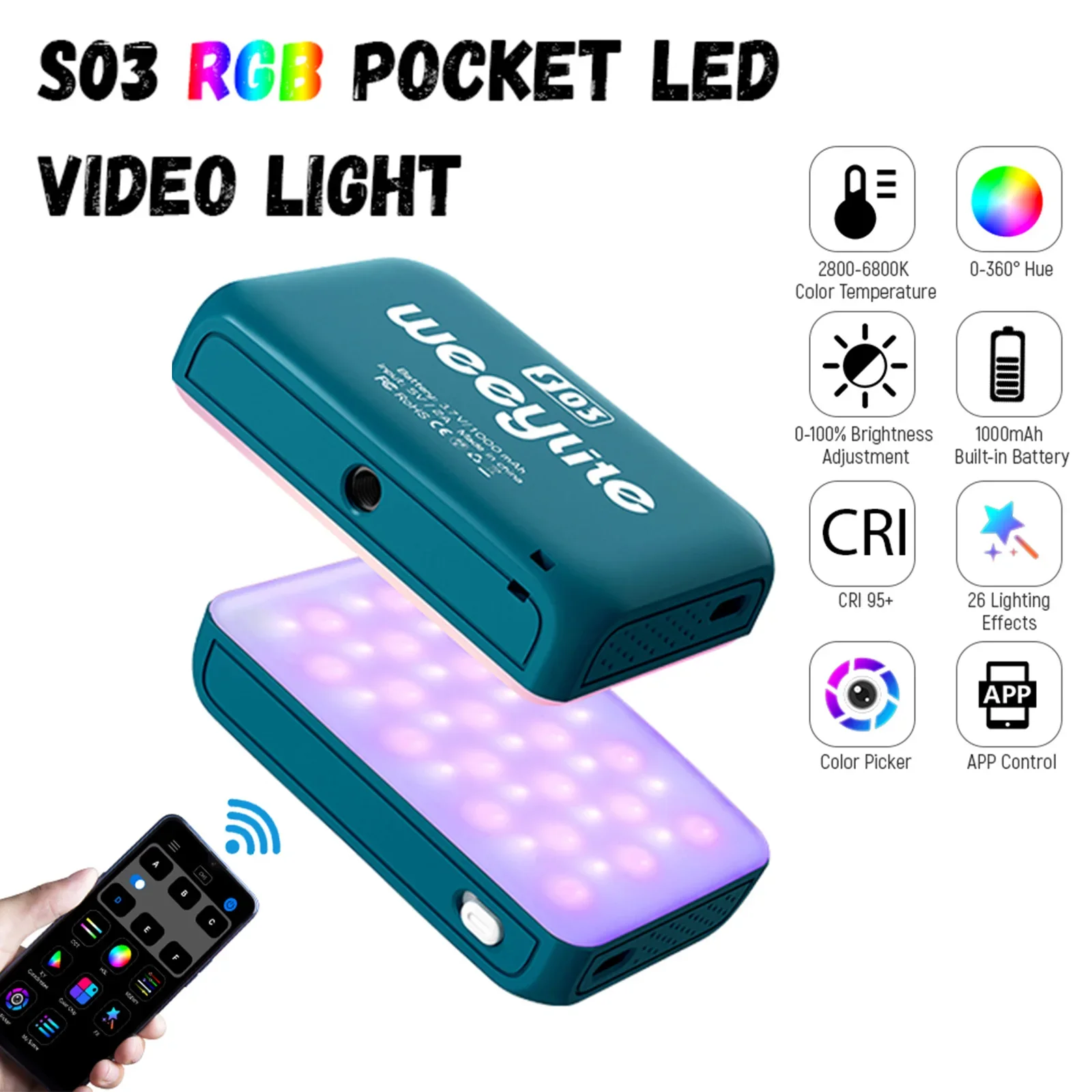 Weeylite S03 Mini Pocket RGB Light Светодиодная панель для видеосъемки Заполняющий свет с