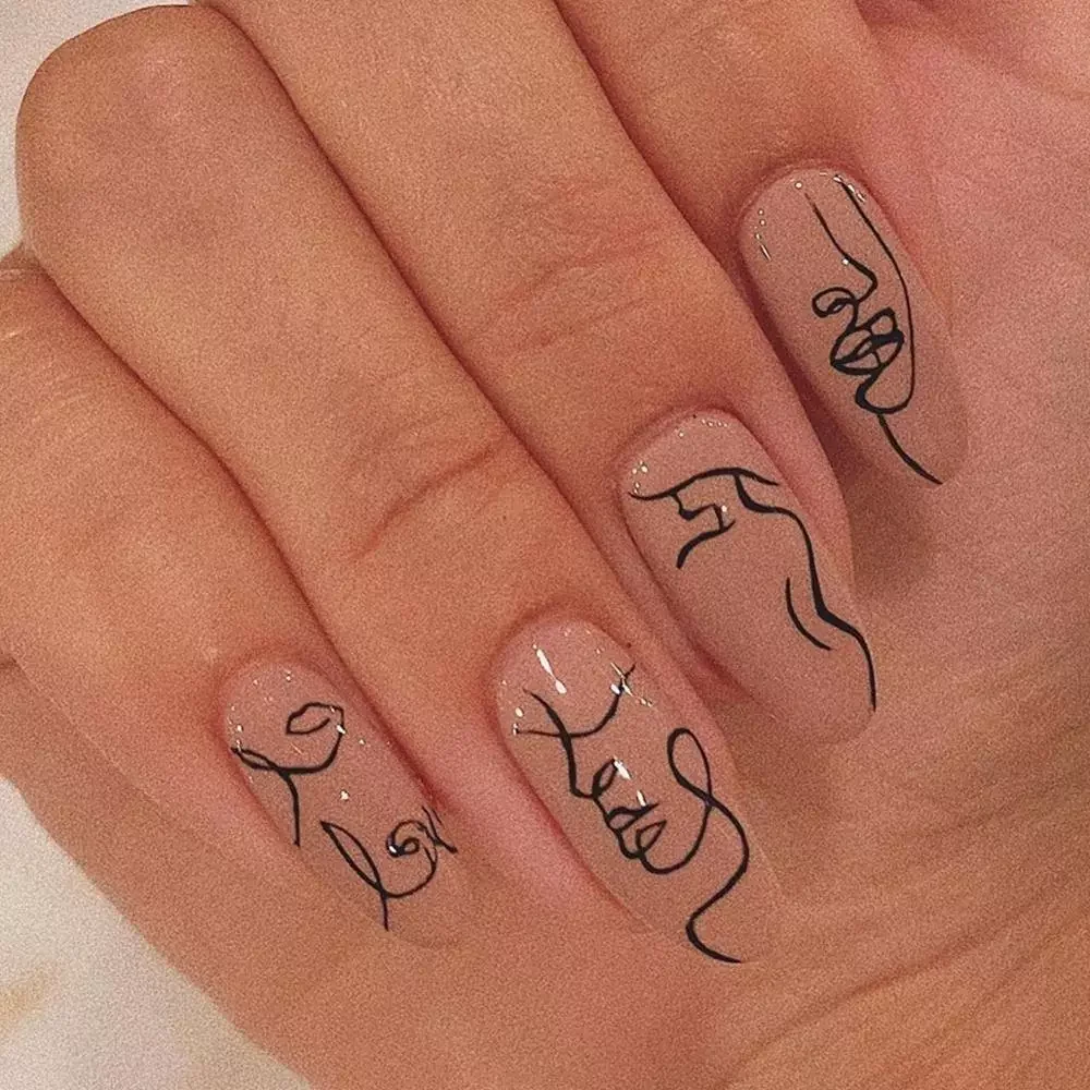 

Acrylic False Nails Med-length Minimalist Graffiti Ballerina Fake Nails With Glue Full Cover DIY Nail Art Manicure Tools