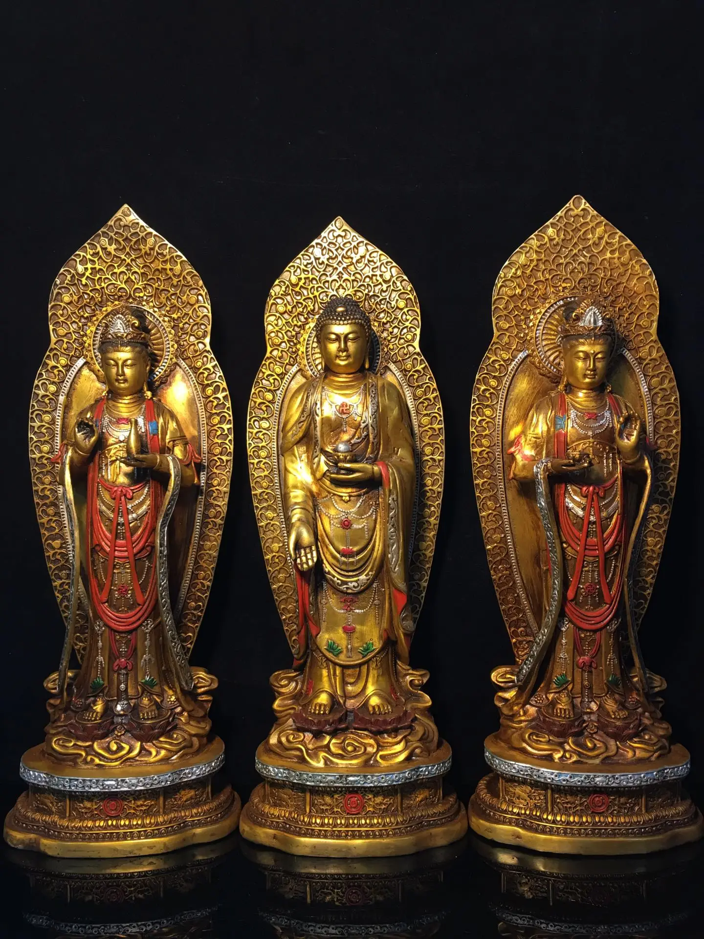 

15"Tibetan Temple Collection Old Bronze Painting Western Three Holy Buddhas a set Lotus Platform Worship Hall Town House