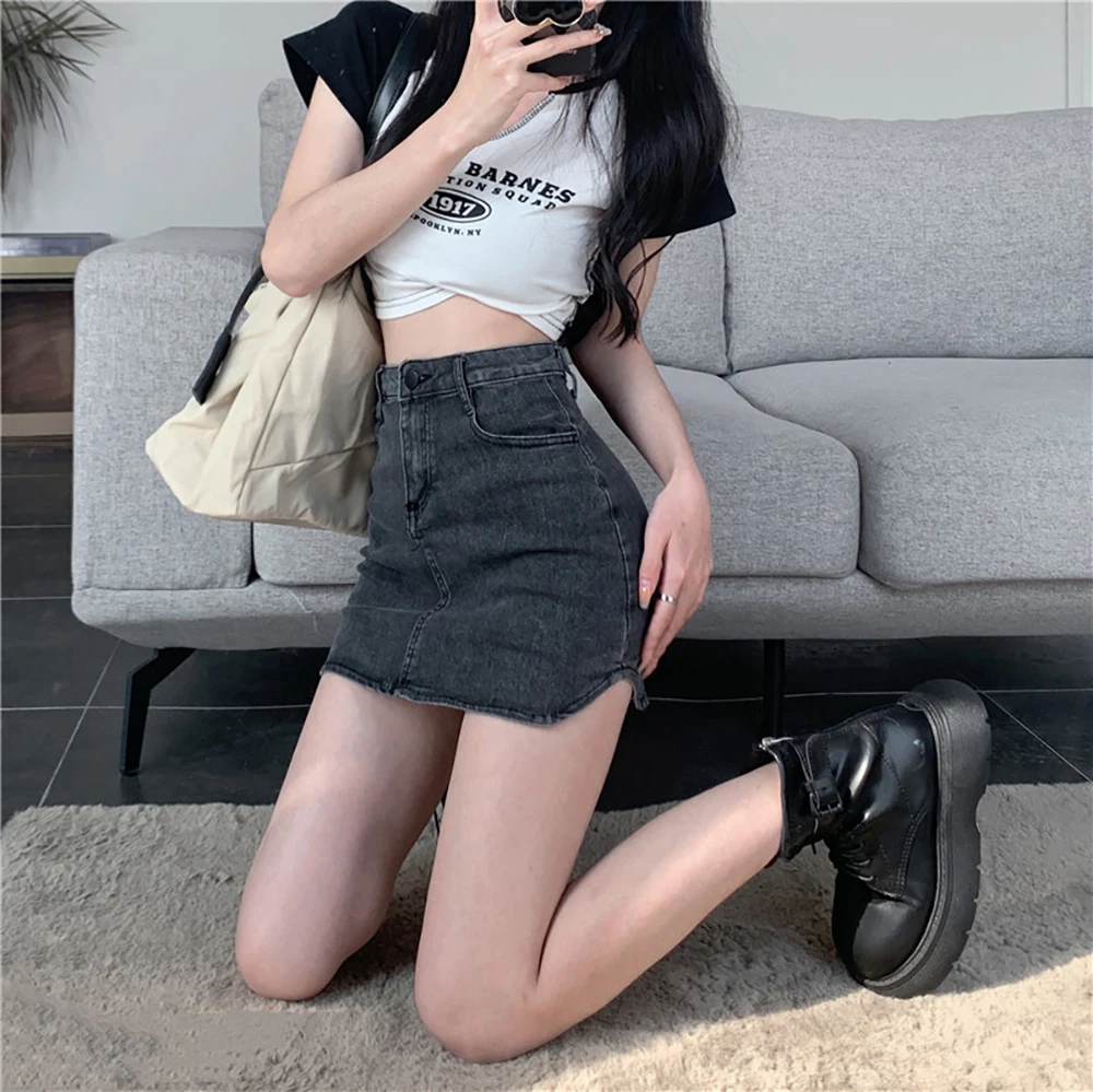 Женская Облегающая Джинсовая Мини-юбка С Высокой Талией Трапециевидной Формы