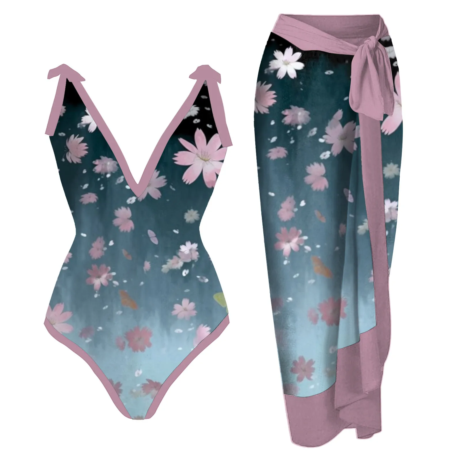 

Womens Swimsuit With Bikini Maxi Wrap Dress Floral Print Two Piece Swimsuit Set Swimsuit Shorts for Women Birth Bathing Suit