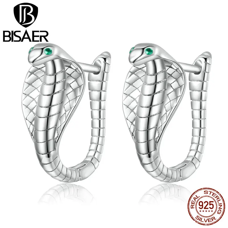 

BISAER 925 Sterling Silver Nimble Cobra Ear Buckles Snake Animal Earrings Plated Platinum for Women Party Fine Jewelry Gift