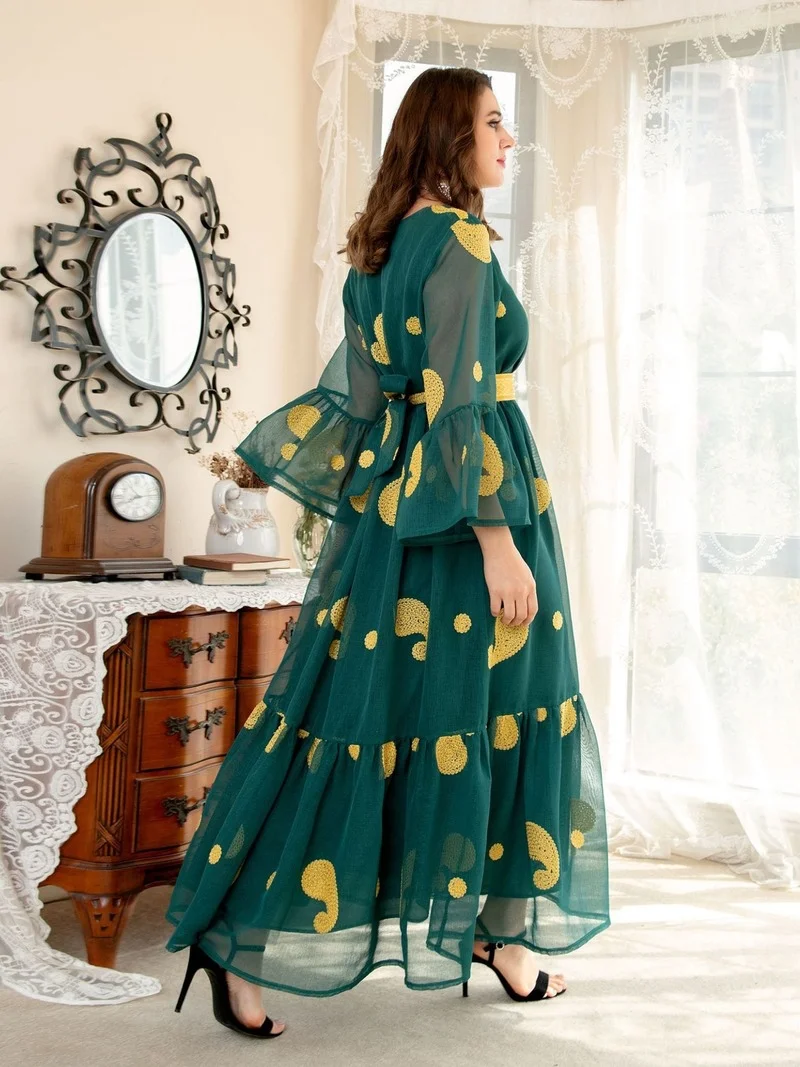 Ramadan Eid Mubarak Green Abaya Dubai Turkey Islam Muslim Arabic Long Dress Kaftans African Dresses For Women Robe Femme Longue