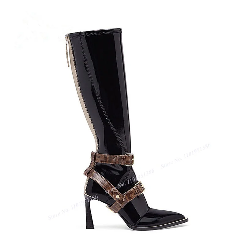 Moraima Snc Brown Band Decor Wodden Heel Boots for Women Knee High Boots Strange Style Heel Boots Zipper Buckle Shoes on Heels
