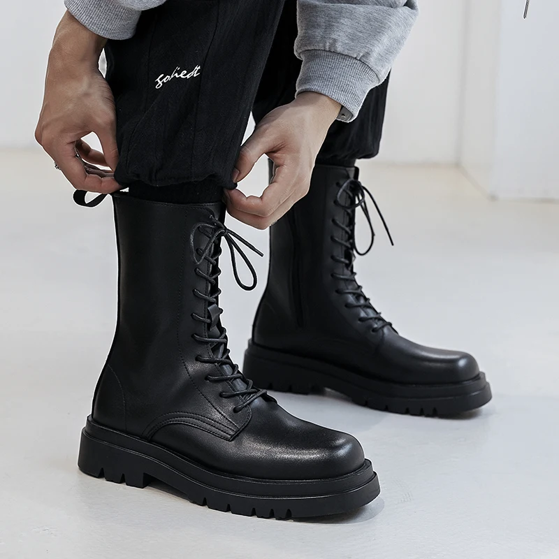 

England style men fashion high top boots black trend platform shoes cowboy genuine leather boot handsome motorcycle long botas