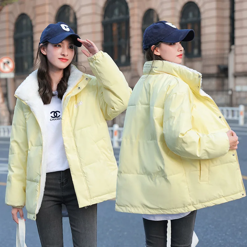 WYWMY Winter Cotton Padded Coat Women's Parkas Loose Two Sides Wear Stand Collar Short Cotton Padded Jacket Baseball Bread Coat