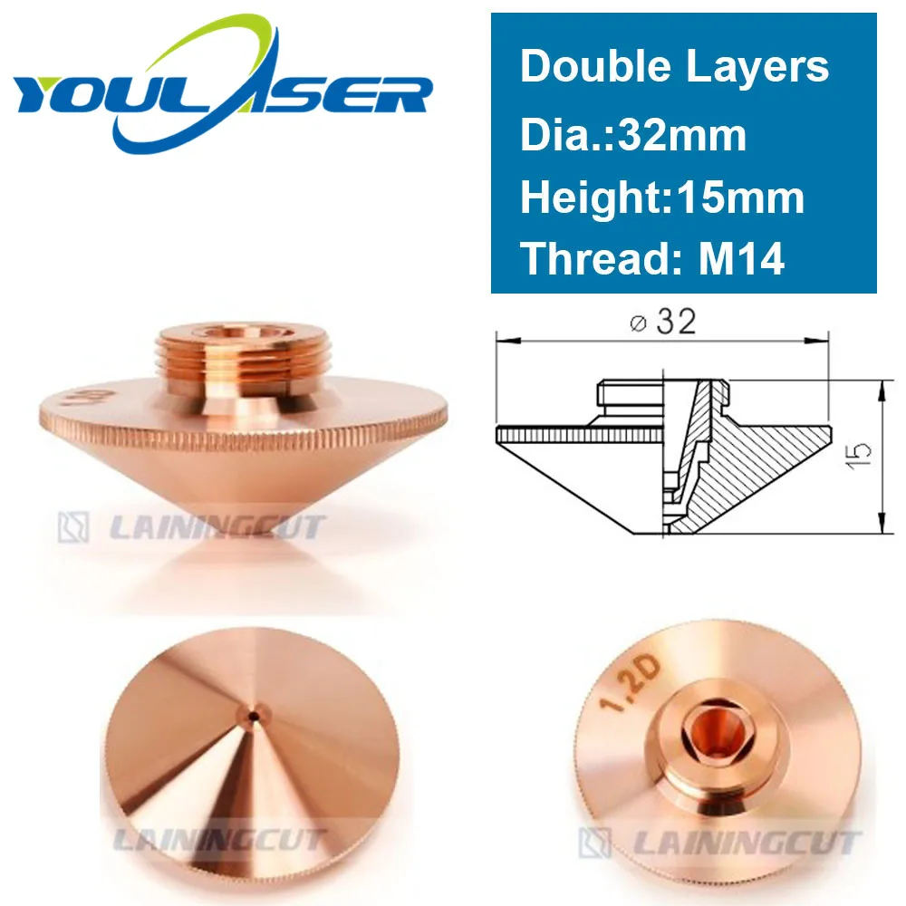 

OEM Double Layers Laser Nozzle Dia.32mm H15 M14 Caliber 0.8 - 4.0 for Precitec 1064nm Fiber Laser Cutting Head Machine