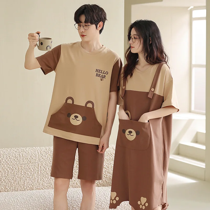 Matching Couple Pajamas Set Summer Cotton Sleepwear For Men Women Kawaii Relax Bear Home Clothes Lover Nightgown Casual Costume