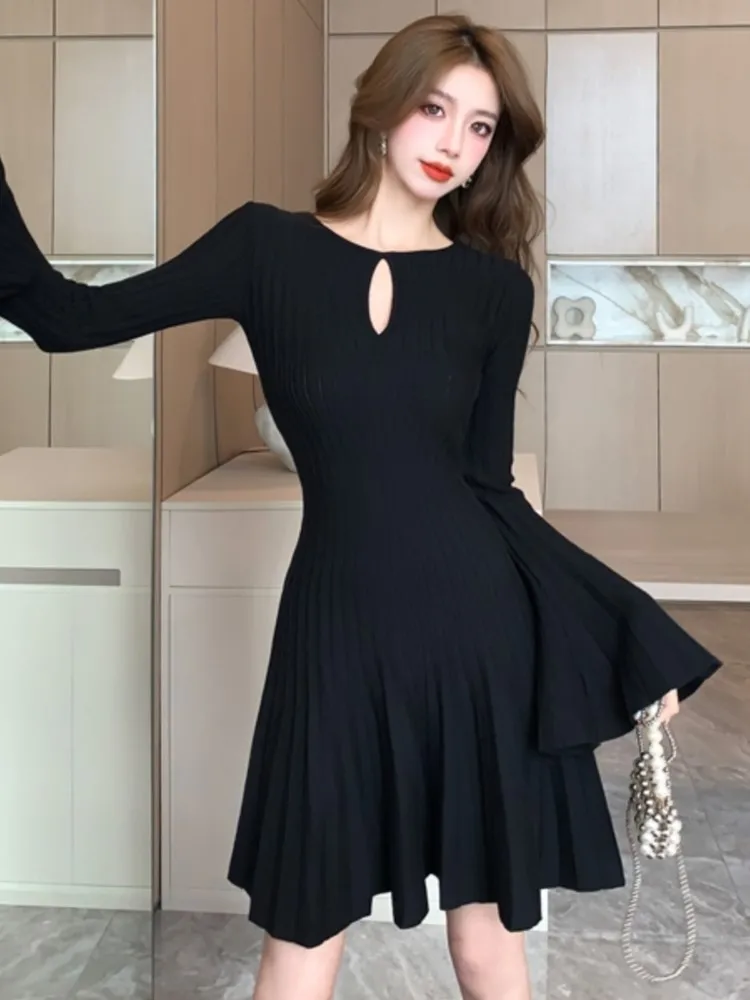 Женское трикотажное платье-мини однотонное плиссированное платье-трапеция с