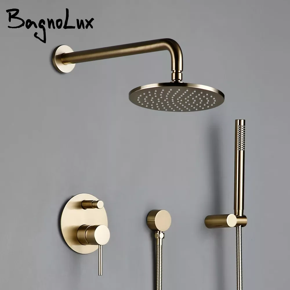 

Bath Bathroom Shower Set Solid Brass Brushed Gold Head Rianfall Luxury Combo Faucet Wall-Mount Arm Hot And Cold Mixer Diverter
