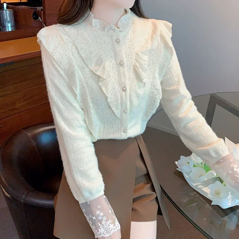 Зимняя модная женская рубашка с рюшами и длинными рукавами бархатная утепленная