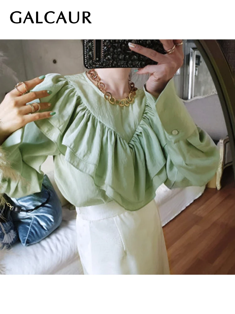 

Повседневная однотонная Элегантная блузка GALCAUR в стиле пэчворк, рубашки, женская рубашка с круглым вырезом, длинным рукавом и высокой талие...