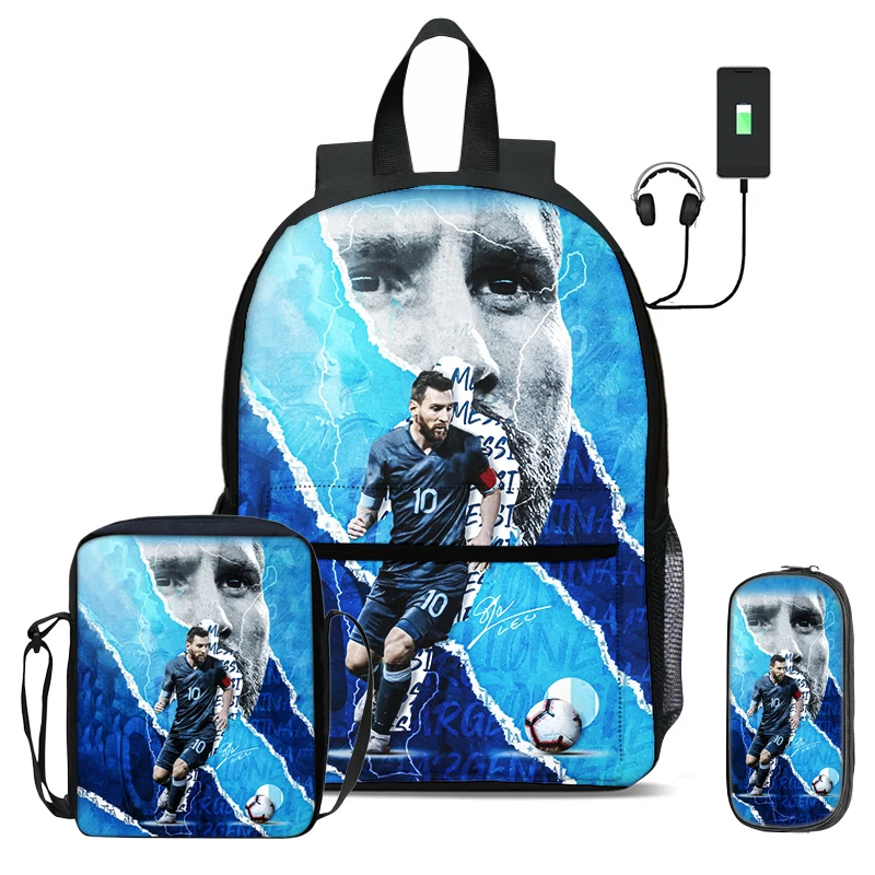 Набор из 3 предметов: школьный рюкзак M-Messi, спортивный рюкзак для детей, пенал, рюкзак с USB-интерфейсом, рюкзак с изображением футбольной звезды, сумка через плечо (art.: 3920db91cbcec) - 3920db91cbcec