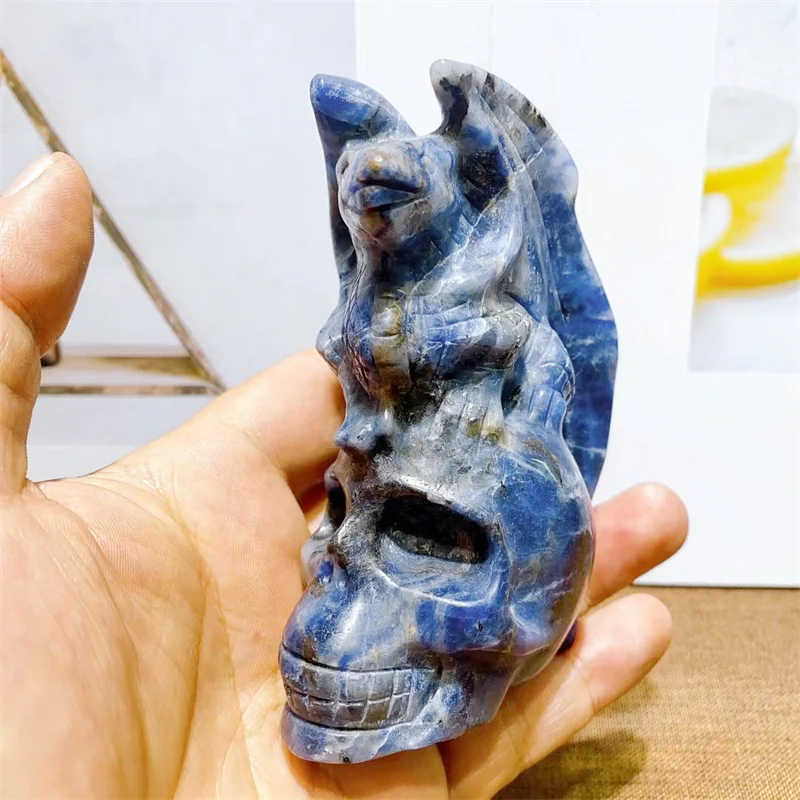

10CM Natural Blue Sodalite Dragon With Skull Animal Carved Crystal Figurine Feng Shui Crafts Healing Artware Home Decorate Gift