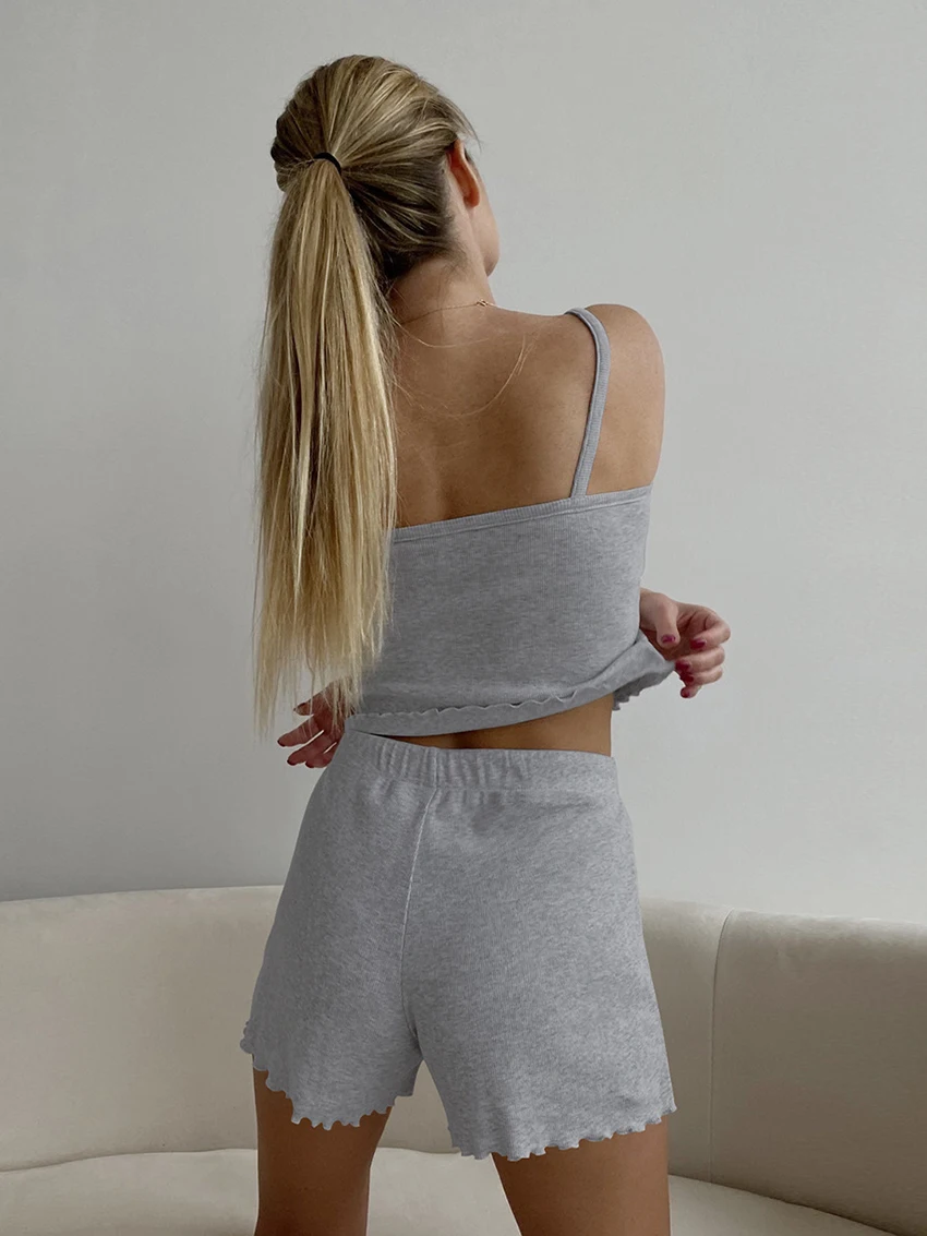 Marthaqiqi Comfort Women'S Pajama Set Sexy Spaghetti Strap Sleepwear Sleeveless Nightie Drawstring Shorts Femme New Pyjamas Suit