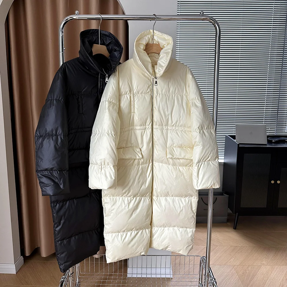 

Женская куртка на 90% утином пуху, длинное теплое пальто с лацканами и двойной боковой молнией, с капюшоном и кулиской, зима 2022