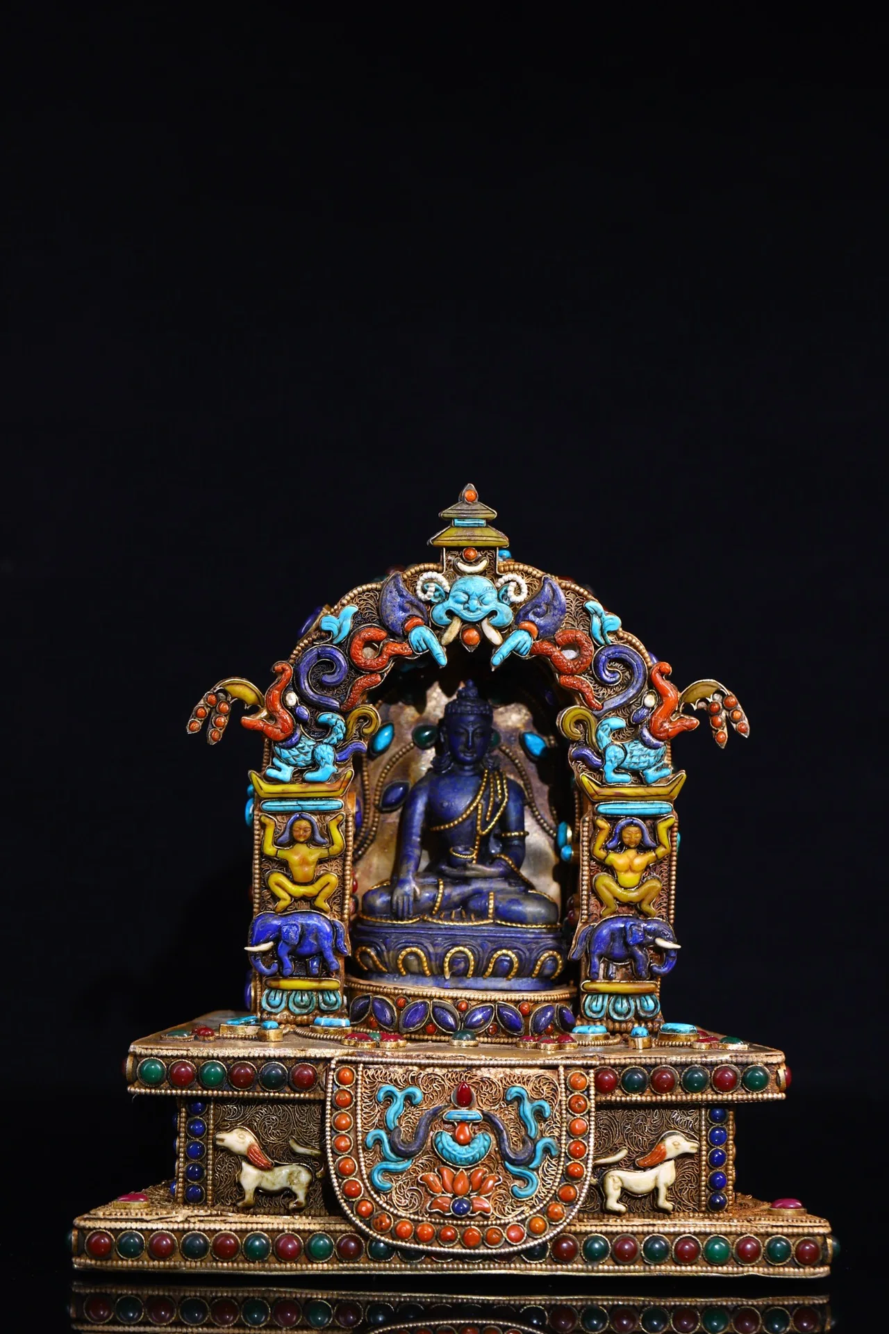 10 Tibetan Temple Collection Old Tibetan silver Gilt mosaic Gem Buddhist niche Natural blue gold Shakyamuni Buddha Town house