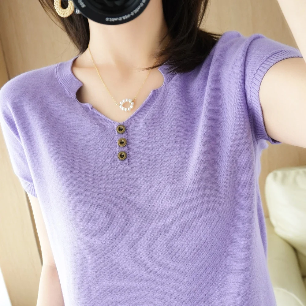 

Ladies New Pullover V-Neck Classic Button Loose Pullover Knit Sweater Cotton Short Sleeve Large Size T-Shirt Simple Atmosphere