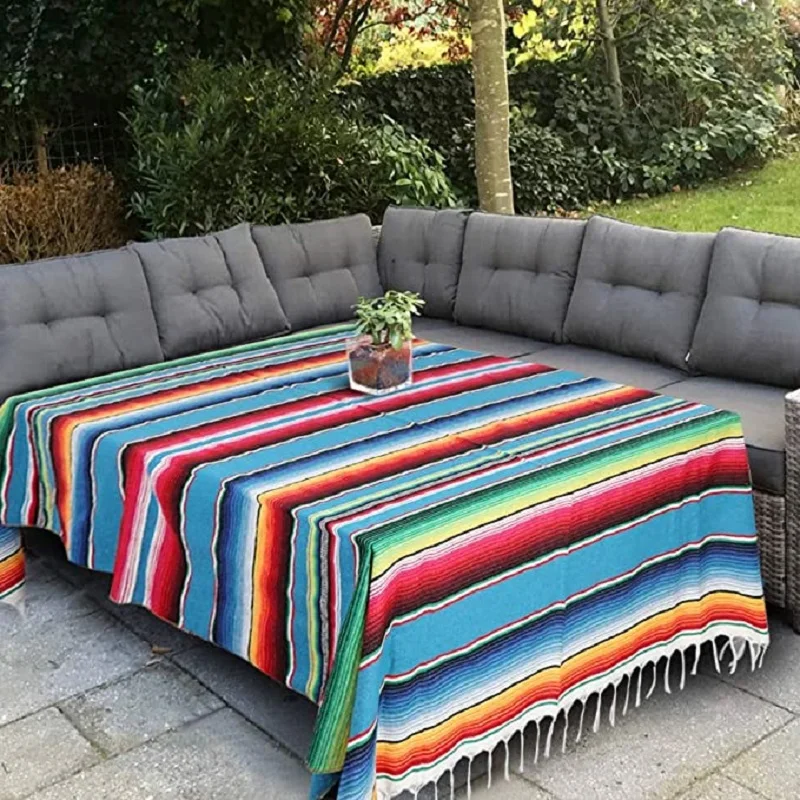 Inyahome Mexican Outdoor Tablecloth Cover Colorful Boho Serape Pattern with Horizontal Stripes and Lines Cultures Picture Decor