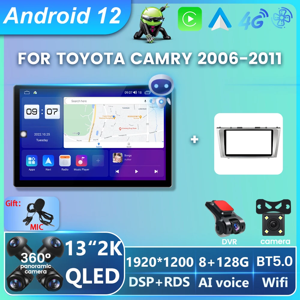 

Автомобильный радиоприемник 2K QLED экран Android 12 для Toyota Camry 2006 2007 2008 2009-2011 Android автомобильный беспроводной Carplay GPS навигатор 2DIN