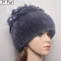Hot Sale Russia Women Real Rex Rabbit Fur Hats Elastic Knitted 100% Genuine Rex Rabbit Fur Caps Winter Warm Real Fur Beanies Hat