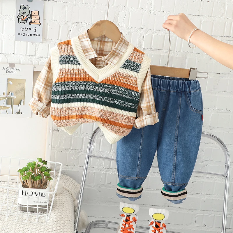 

3 шт., клетчатая рубашка и джинсы для мальчиков