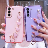luxury love heart wrist chain phone case for samsung galaxy s22 s21 s20 s10 s9 a13 a23 a33 a53 a32 a12 a52 plating bumper cover
