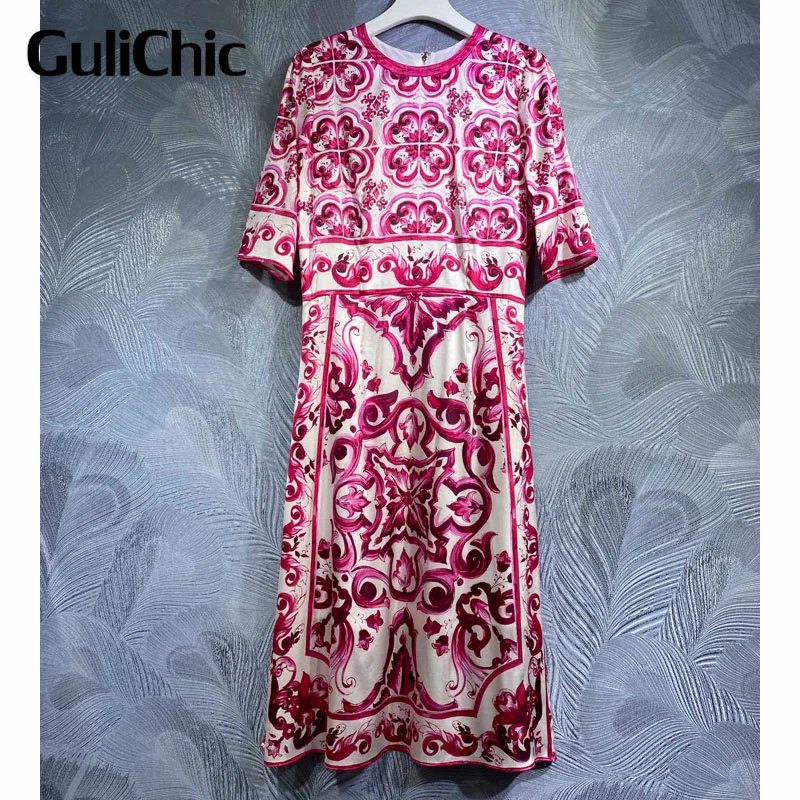 

6.9 GuliChic Women Runway Fashion O-Neck Short Sleeve High Waist Vintage Porcelian Print Comfortable Elegant Dress