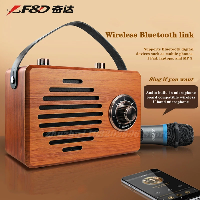 

Portable wireless bluetooth speaker retro wooden FM radio outdoor performance wireless microphone home karaoke speaker caixa de