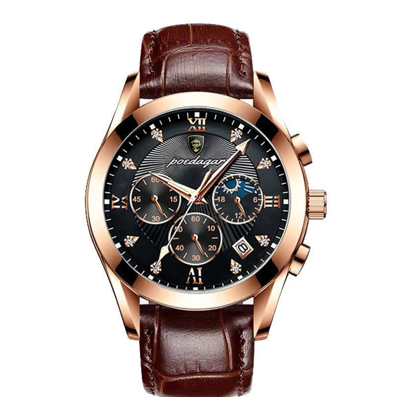 Popular fashion waterproof luminous men's quartz watch three second needle tracking time calendar leather or steel band watch