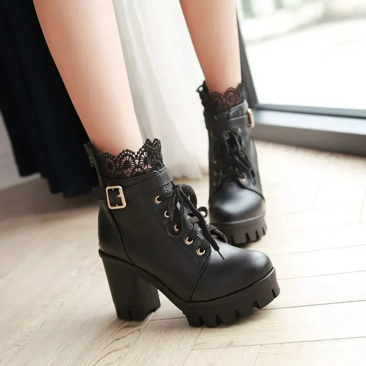 

NEW IN Leather Winter Boots Women 2022 Fashion High Heel Boots Lace Up winter Boots Ladies Shoes Woman Casual Shoes Female Botas