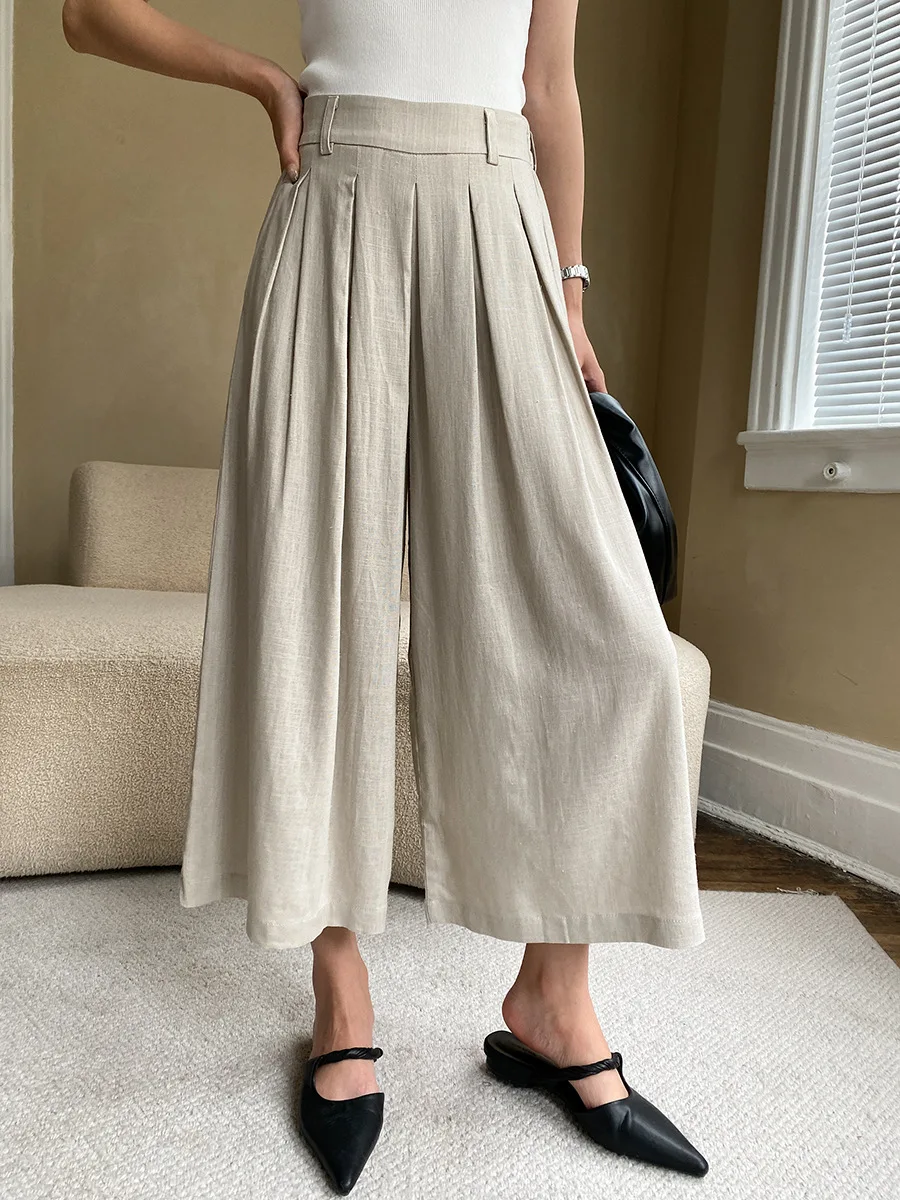 

Women's Loose Ninth Pants - Solid Color Casual Bottoms Made of Ramie Cotton