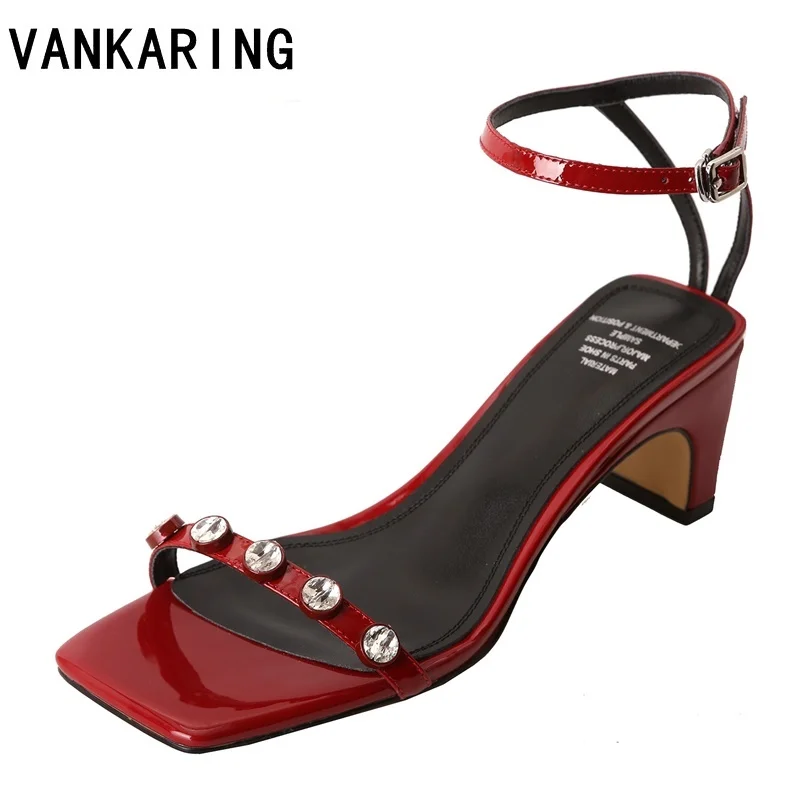

genuine patent leather crystal sandals woman sexy open toe high heels sexy pumps ladies summer party wedding shoes women red