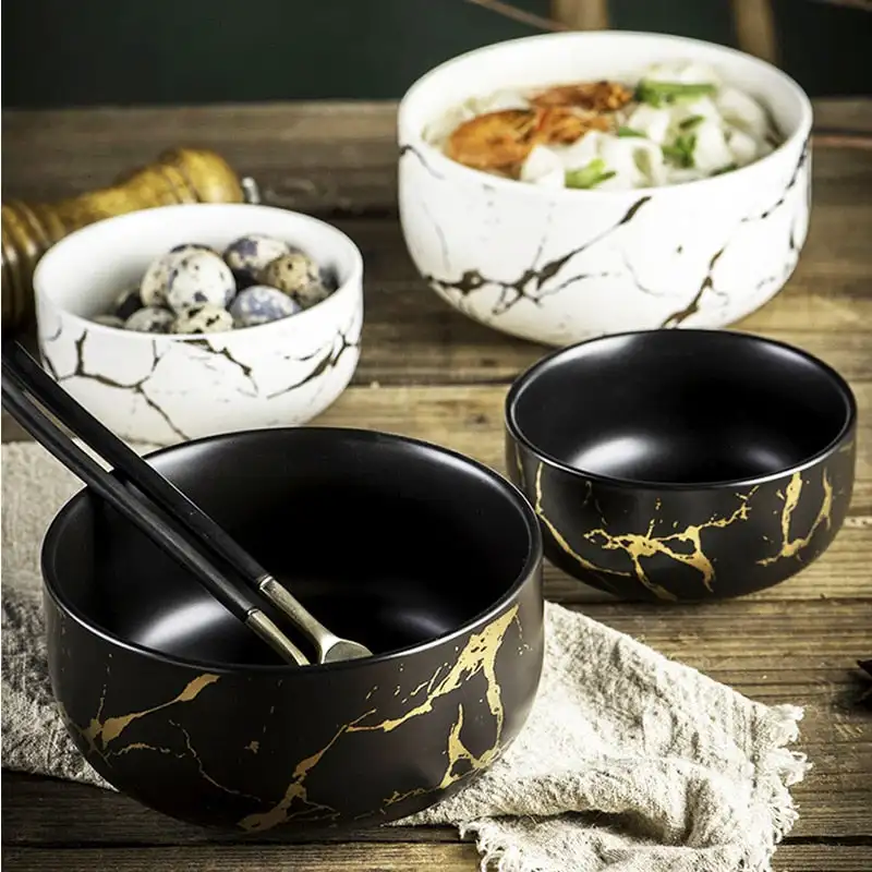 

Nordic Luxury Marble Glazed Golden Pattern Ceramics Breakfast Rice Dinner Noodle Soup Round Bowls For Home Hotel 1 Piece