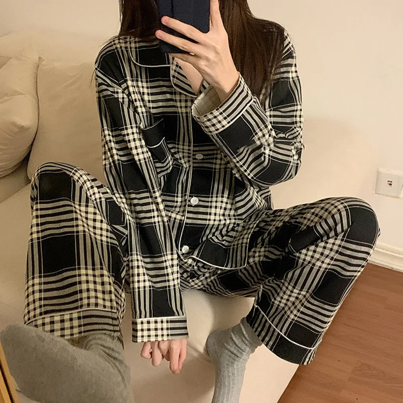 2022 spring and autumn new pajamas ladies long-sleeved trousers cardigan plaid sweet and fresh home service women's pajamas set